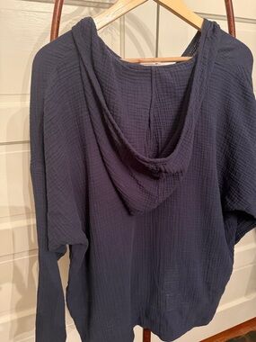 J. Jill 100% Cotton Gauze Hooded Tunic Navy Beachy Coastal Cover Up XL